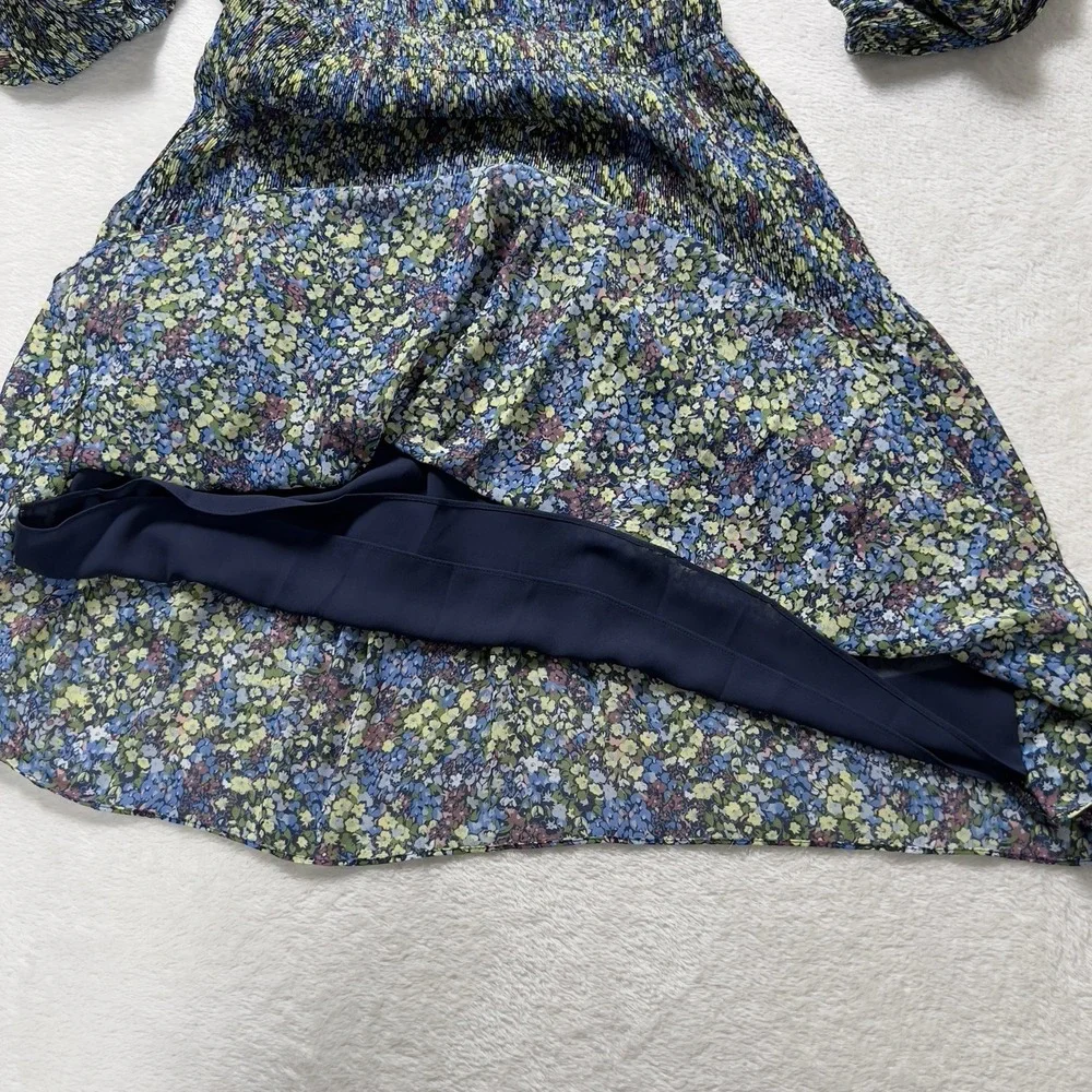Boden Plisse Mini Dress Sz US 6L‎ XS Blue Floral V Neck Long Sleeve Dress